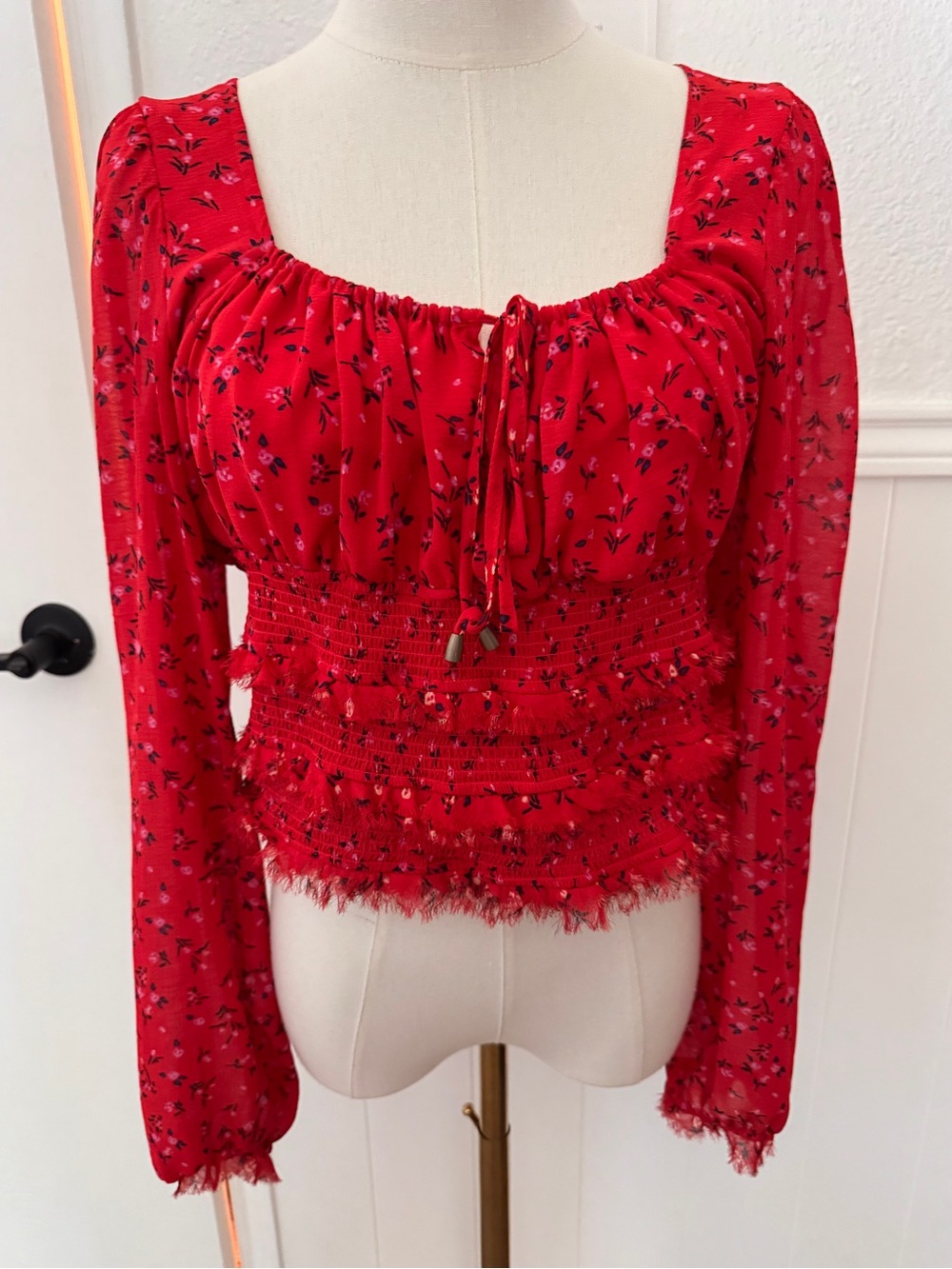 Free People Red Floral Smocked Square-Neck Blouse